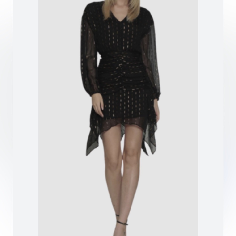 Walter Baker Black Gold Dress Long Sleeve Bishop Mini Dress Size 10